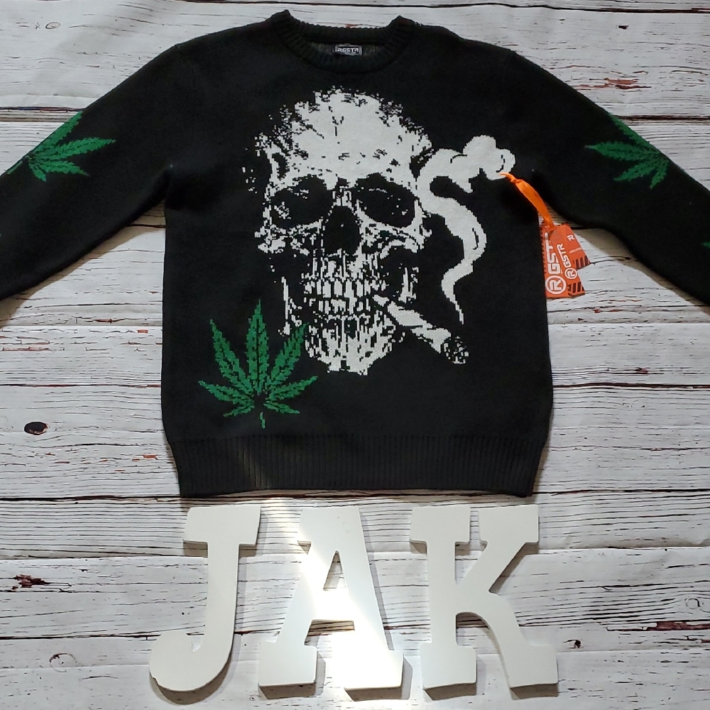 🆕️ RGSTR MEN'S BLACK SKULL MARIJUANA CREWNECK SWEATER